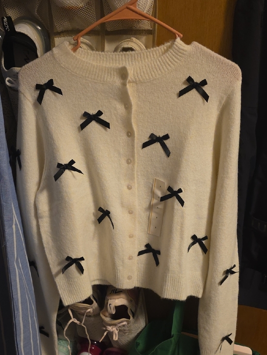 a new day Sweaters - a new day Cream Cardigan with Black Bow Accents